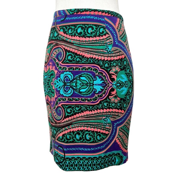 Anthropologie Tracy Reese Colorful Teal Pink Black Scroll Paisley Pencil Skirt 8 - Picture 2 of 14